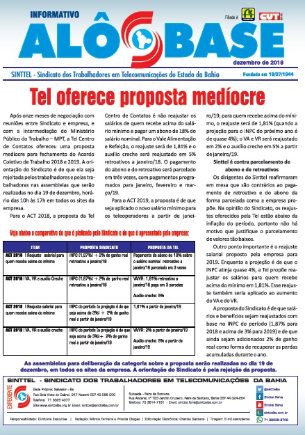 Tel oferece proposta medÃ­ocre. A orientaÃ§Ã£o do Sinttel Ã© pela rejeiÃ§Ã£o da proposta nas assembleias de AMANHÃƒ (19)