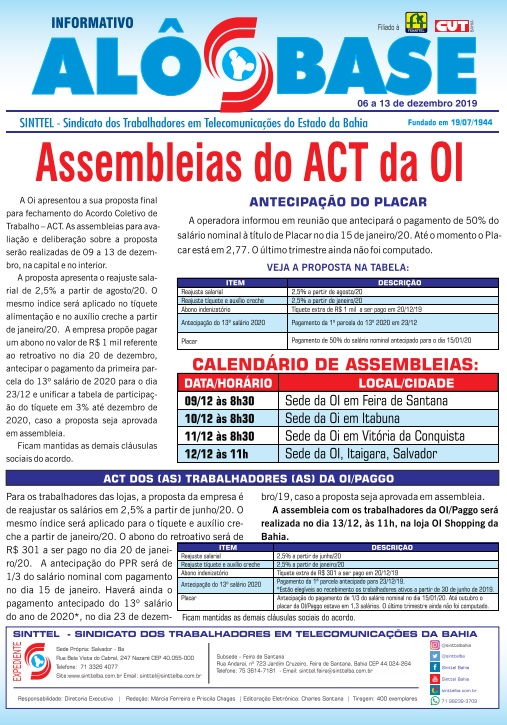 Assembleias do ACT da OI serÃ£o realizadas de 09 a 13 de dezembro