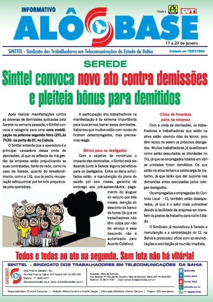 Sinttel convoca novo ato contra demissÃµes e pleiteia bÃ´nus para demitidos