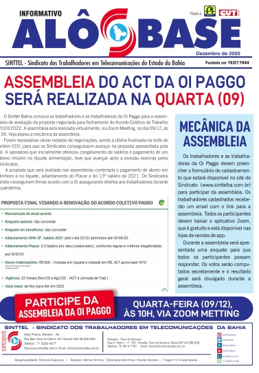 Assembleia do ACT da Oi Paggo serÃ¡ realizada na quarta (09) 