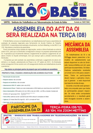 Assembleia do ACT da Oi serÃ¡ realizada na terÃ§a (08) 