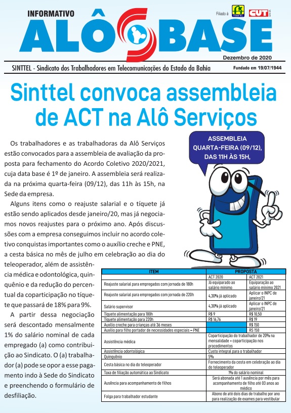 Sinttel convoca assembleia de ACT na AlÃ´ ServiÃ§os