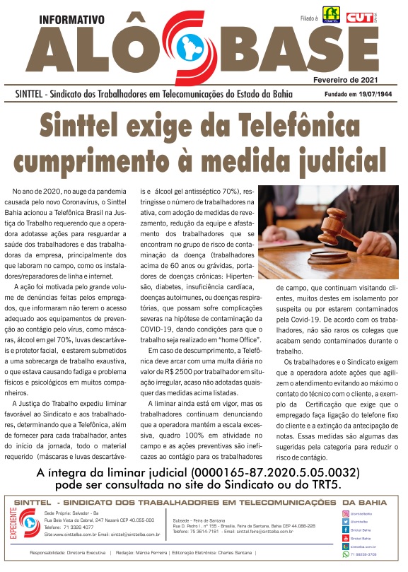 Sinttel exige da TelefÃ´nica cumprimento Ã  medida judicial