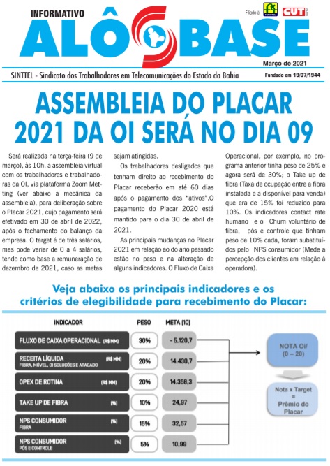 Assembleia do Placar 2021 da OI serÃ¡ no dia 09