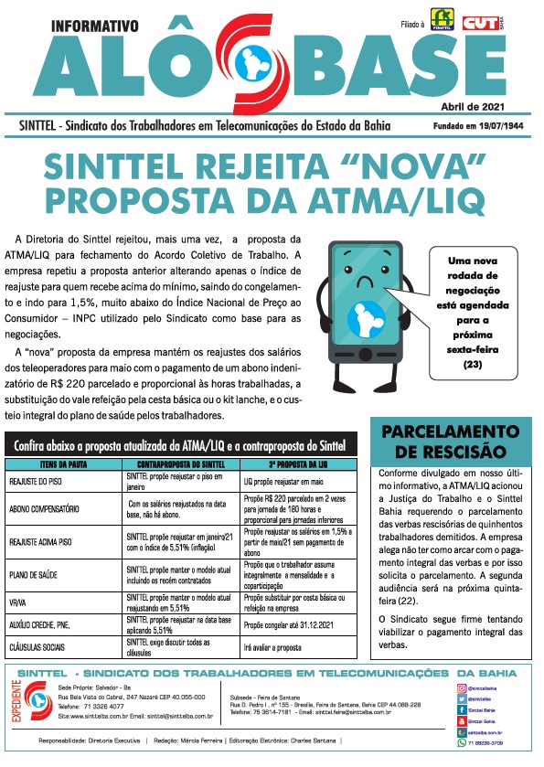 Sinttel rejeita â€œnovaâ€ proposta da ATMA/LIQ