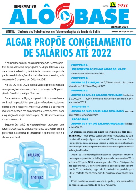 Algar propÃµe congelamento de salÃ¡rios atÃ© 2022