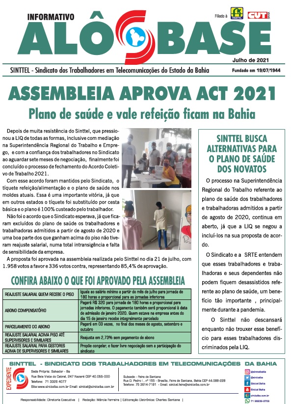 Assembleia aprova ACT 2021 l Plano de saÃºde e vale refeiÃ§Ã£o ficam na Bahia