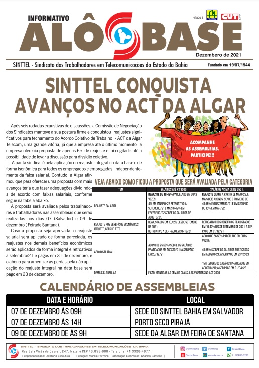 Sinttel conquista avanÃ§os no ACT da Algar Telecom