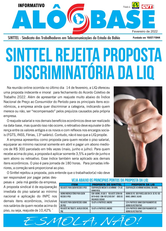 Sinttel rejeita proposta discriminatÃ³ria da LIQ