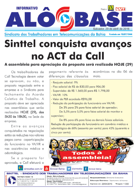 Sinttel conquista avanÃ§os no ACT da Call Tecnologia