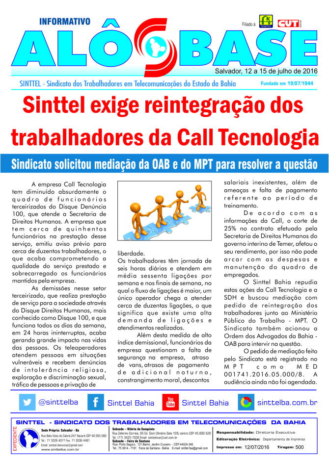 Sinttel exige a reintegraÃ§Ã£o dos trabalhadores da Call Tecnologia