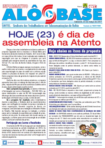 HOJE (23) Ã© dia de assembleia na Atento