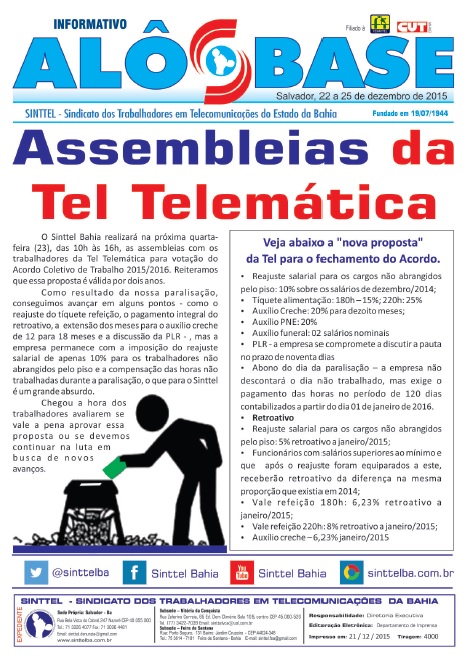 Assembleias da Tel TelemÃ¡tica acontecerÃ£o no dia  23/12, das 10h Ã s 16h