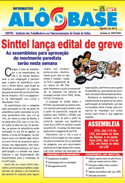 Sinttel lanÃ§a edital de greve na LIQ  e na Atento